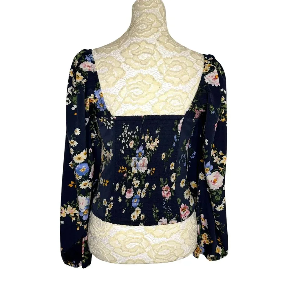 Abercrombie & Fitch Crop Top Blouse Shirt Poet Smocked Square Neck Floral XS